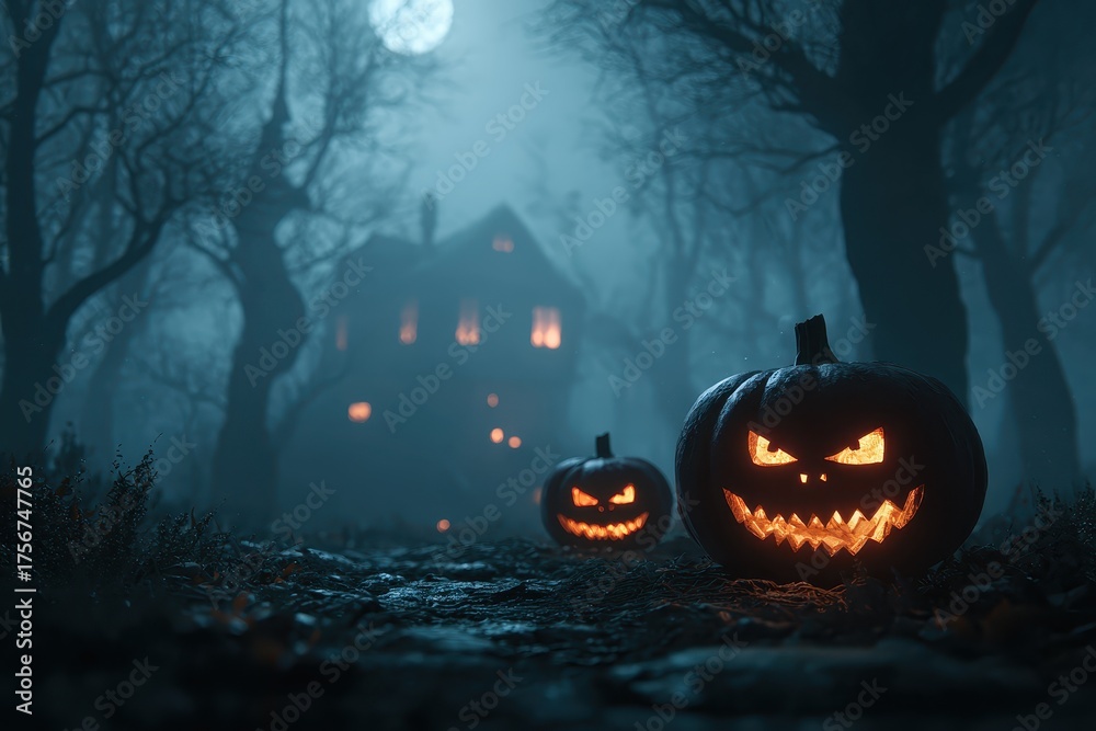 Naklejka premium Halloween banner background showcasing glowing pumpkins in a dark forest with a mysterious house under a full moon