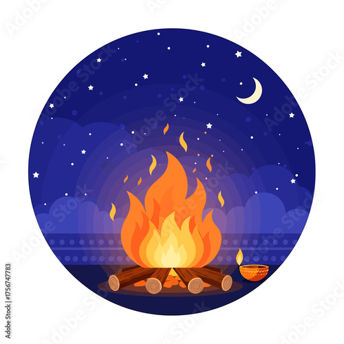 A vibrant illustration of a traditional bonfire crackling under a starlit night sky during a cultural celebration