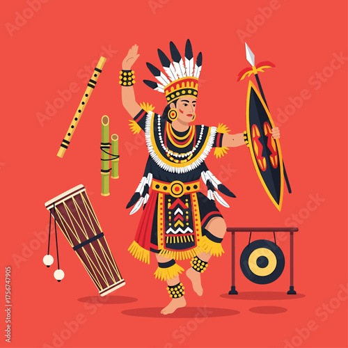 Captivating vector illustration depicting a traditional cultural dancer adorned in vibrant ethnic attire and feathered headdress, surrounded by ceremonial musical instruments and weaponry