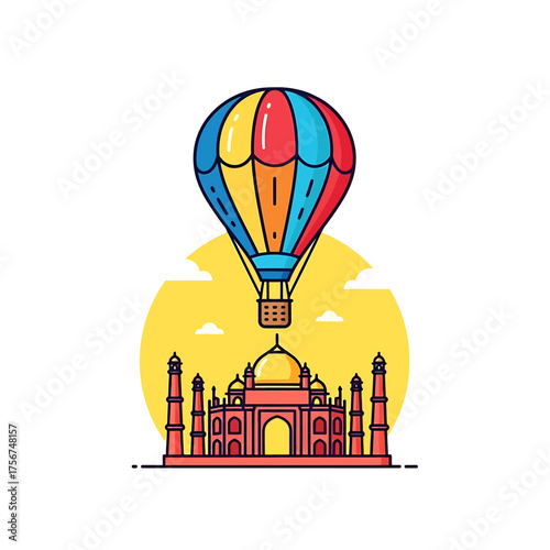 Hot air balloon soaring over the Taj Mahal A vibrant illustration of travel and exploration