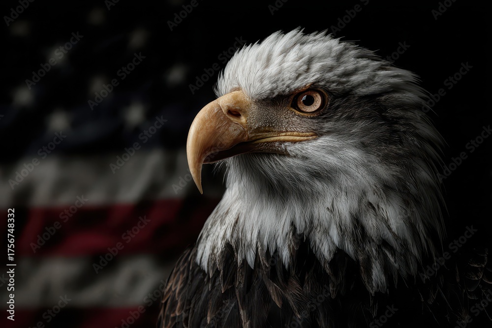 Fototapeta premium North American Bald Eagle perched in front of an American flag displaying strength and symbolism of freedom and patriotism in a powerful portrait