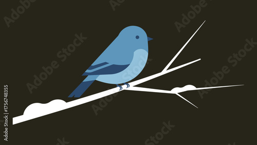 Flat vector of a small bird sitting on a thin snowy branch, blue and white color scheme, clean minimalist design, expressing peace and gentle winter stillness.