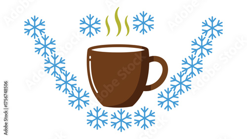 Flat vector of a steaming coffee mug placed beside a small snowflake, minimalist design on white background, cozy winter warmth feeling.