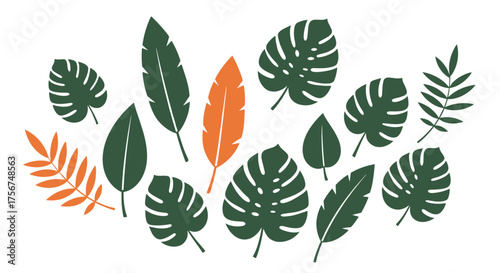 A vibrant collection of tropical green and orange leaves suggesting a lush jungle or botanical garden. This diverse arrangement showcases various leaf shapes including monstera palm and banana leaves.