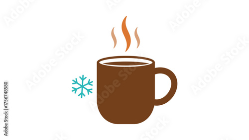Flat vector of a steaming coffee mug placed beside a small snowflake, minimalist design on white background, cozy winter warmth feeling.