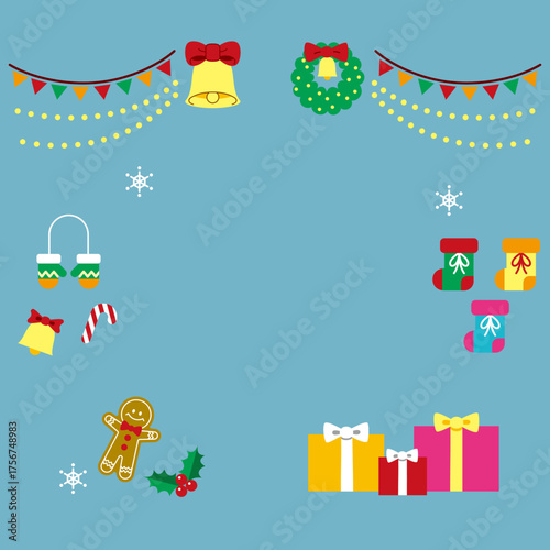 Cute Christmas Decoration Illustration (Bells, Wreath, Garland, Presents) – no text, background（クリスマスイラスト）