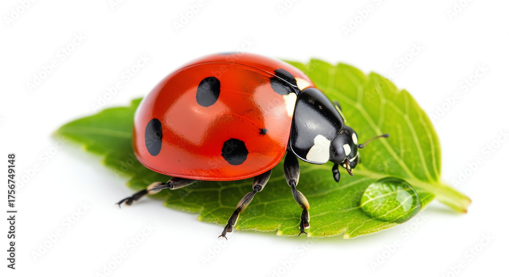 Fototapeta premium Ladybug on green leaf with water droplet