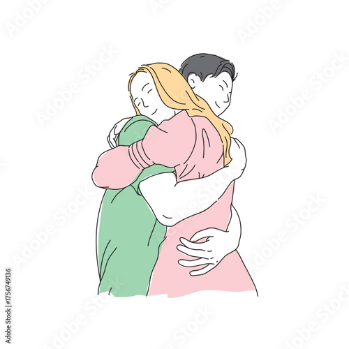 Line drawing of a young man and woman embracing each other. A romantic and attractive newlywed couple spending time together celebrating their anniversary and Valentine's Day.