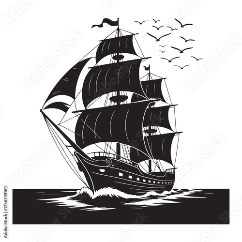 Antique sailing ship navigating open seas with birds flying above in a dramatic black and white design silhouette