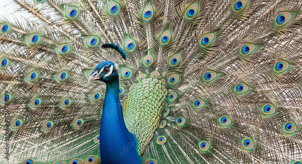 Obraz premium Peacock displaying feathers plumage in full display