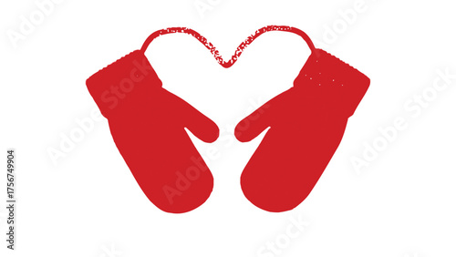 Flat vector pair of mittens forming a heart shape with snow dust between them, red and pale beige on pure white background , warmth of togetherness in winter.