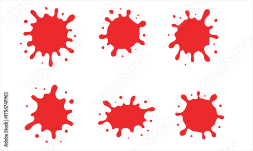 Set of Red Paint Splatter, Ink Blots, and Blood Splashes Vector Graphic Elements