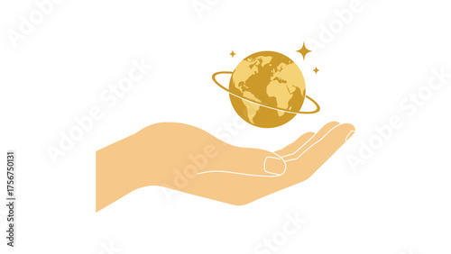 Flat vector open hand holding a tiny floating planet with a ring, protection and universal care concept.