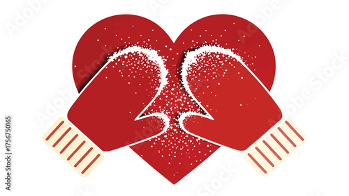 Flat vector pair of mittens forming a heart shape with snow dust between them, red and pale beige on pure white background , warmth of togetherness in winter.