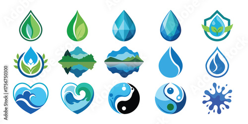 Collection of stylized water drop logos and icons representing nature and purity
