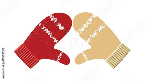 Flat vector pair of mittens forming a heart shape with snow dust between them, red and pale beige on pure white background , warmth of togetherness in winter.
