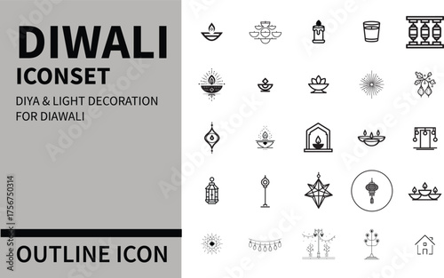 Outline icon of a diya lamp and light decorations for diwali isolated on white background