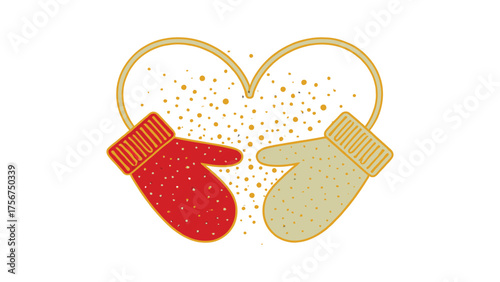 Flat vector pair of mittens forming a heart shape with snow dust between them, red and pale beige on pure white background , warmth of togetherness in winter.