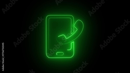 Glowing neon phone call-in icon isolated on black background. HD Video motion graphic 4k animation