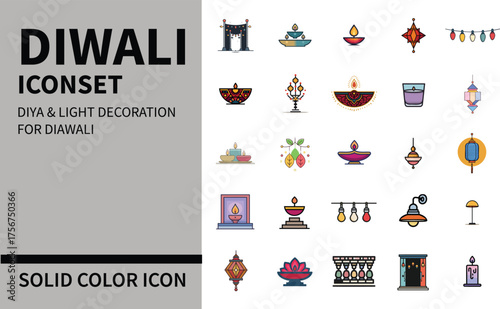 Diwali festival icon set featuring traditional diyas and decorative lights for celebrations isolated on white background