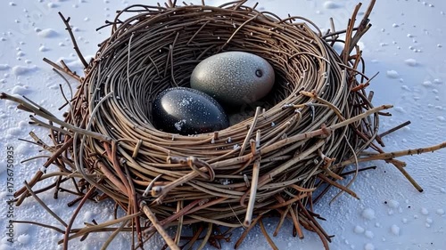 Close-up of a Carefully Crafted Bird's Nest Containing Two Smooth, Egg-like Stones on a Textured White Surface