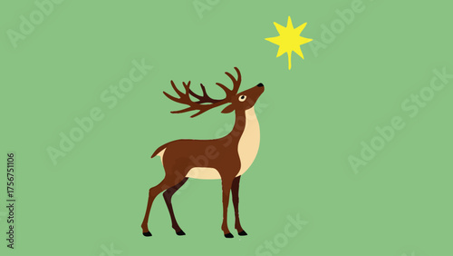 Flat vector single reindeer looking up at a softly glowing star, brown and cream on pure white background , hope and wonder.