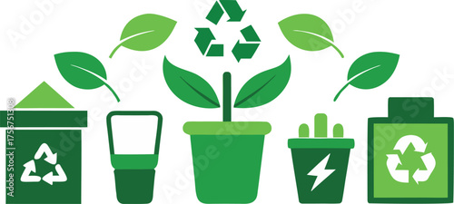 Green recycle bin with green recycle symbol and green plant in pot surrounded by leaves and nature elements