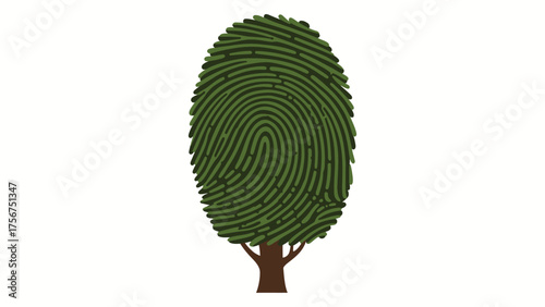 Flat vector tree trunk shaped like a human fingerprint, green and dark brown on pure white background , identity and nature unity.