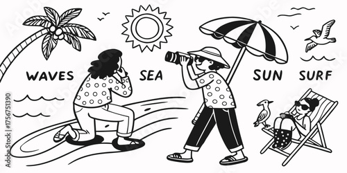 Cartoon vector illustration of a woman and people on the beach