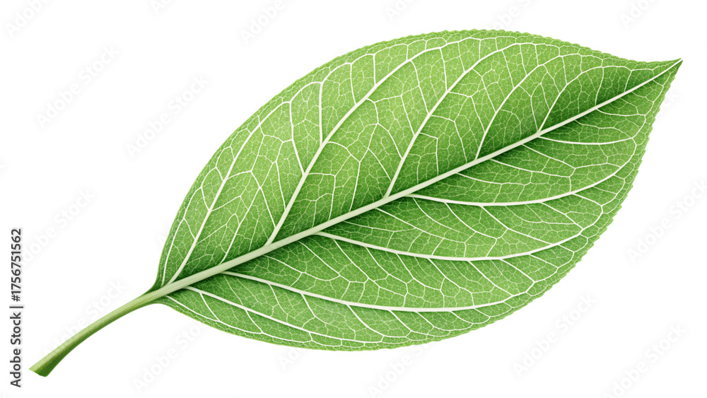Obraz premium A single green leaf with prominent veins and a textured surface, isolated on a transparent background