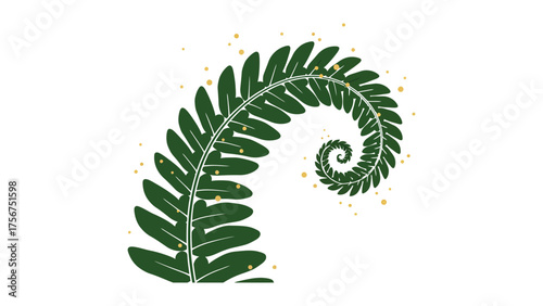 Minimal vector of a single fern leaf unfolding with tiny golden dots along its curve, symbolizing nature’s quiet rebirth, on a clean white background.