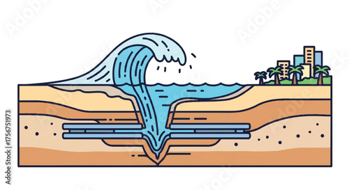 Illustration of ground collapse forming a sinkhole with tsunami