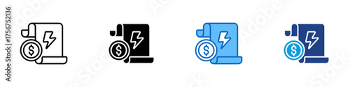 Energy Bill Multiple Style Icon Design Vector - Document with lightning bolt and dollar symbol representing electricity cost and energy billing