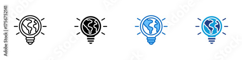Global Innovation Multiple Style Icon Design Vector - glowing light bulb containing a globe symbolizing worldwide innovation, green energy, and sustainable technology