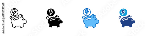 Energy Saving Multiple Style Icon Design Vector - piggy bank with a lightning symbol representing energy savings, cost reduction, and smart electricity consumption