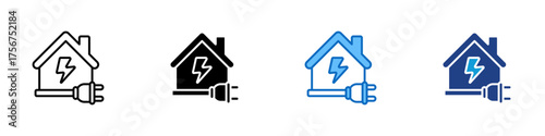 Home Electric Installation Multiple Style Icon Design Vector - house connected to a plug with a lightning symbol representing home electrical wiring, installation, or power connection service