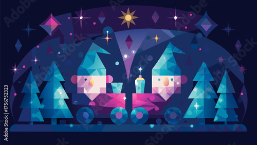A whimsical christmas illustration featuring gnomes riding a train through a starry winter wonderland scene silhouette