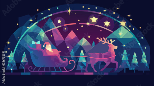 Santa in sleigh with reindeer flying over geometric landscape under starry sky in night time scene silhouette