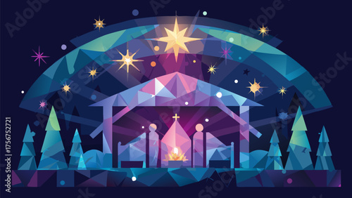 Geometric nativity scene with star of bethlehem and christmas trees under a starry night sky design silhouette