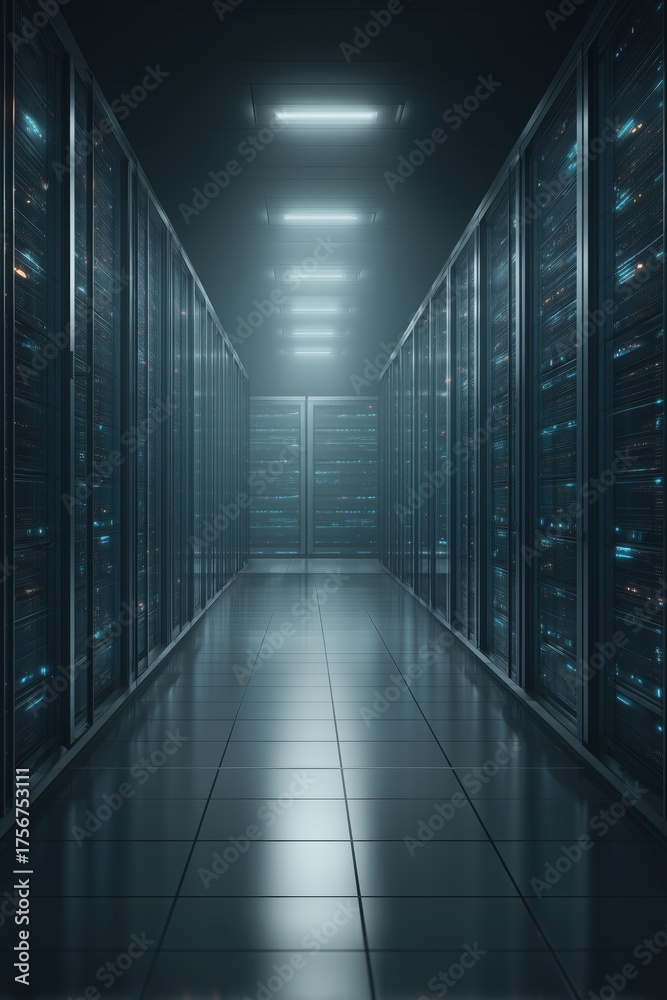 Naklejka premium Dark and Futuristic Data Center Corridor with Light Reflections and Server Racks