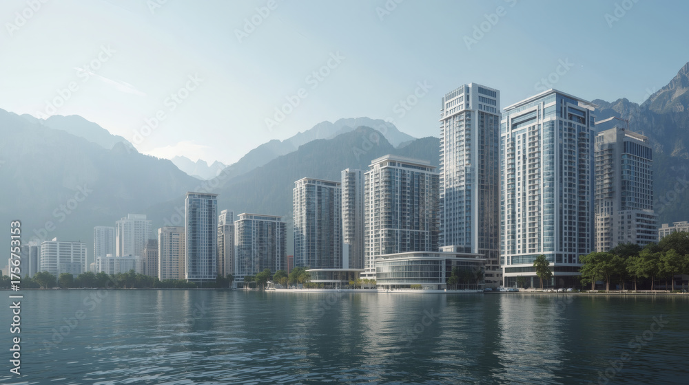 Fototapeta premium View of modern apartment buildings seen from a beautiful lake with mountains in the background