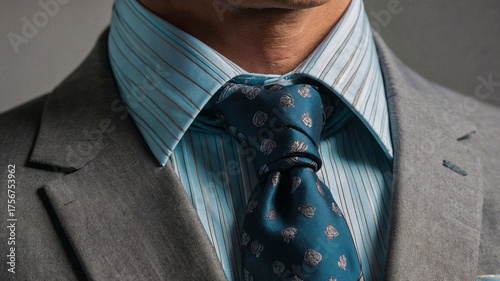 A close-up captures a distinguished man impeccably attired, showcasing the subtle elegance of a finely tailored suit, accented by a striking patterned tie. The crispness of the details.