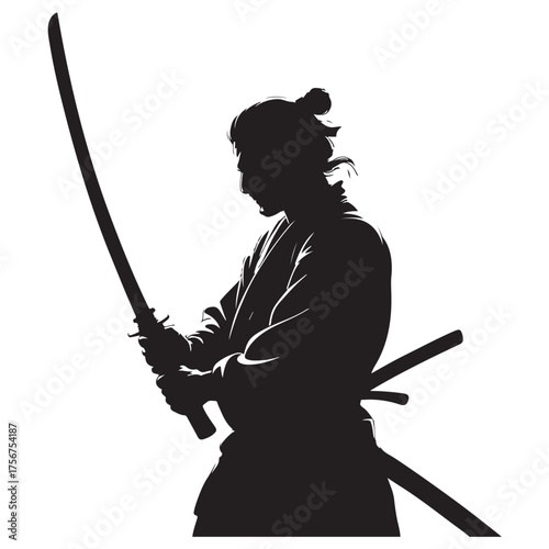 Silhouette of a samurai warrior drawing a katana sword ready for battle silhouette