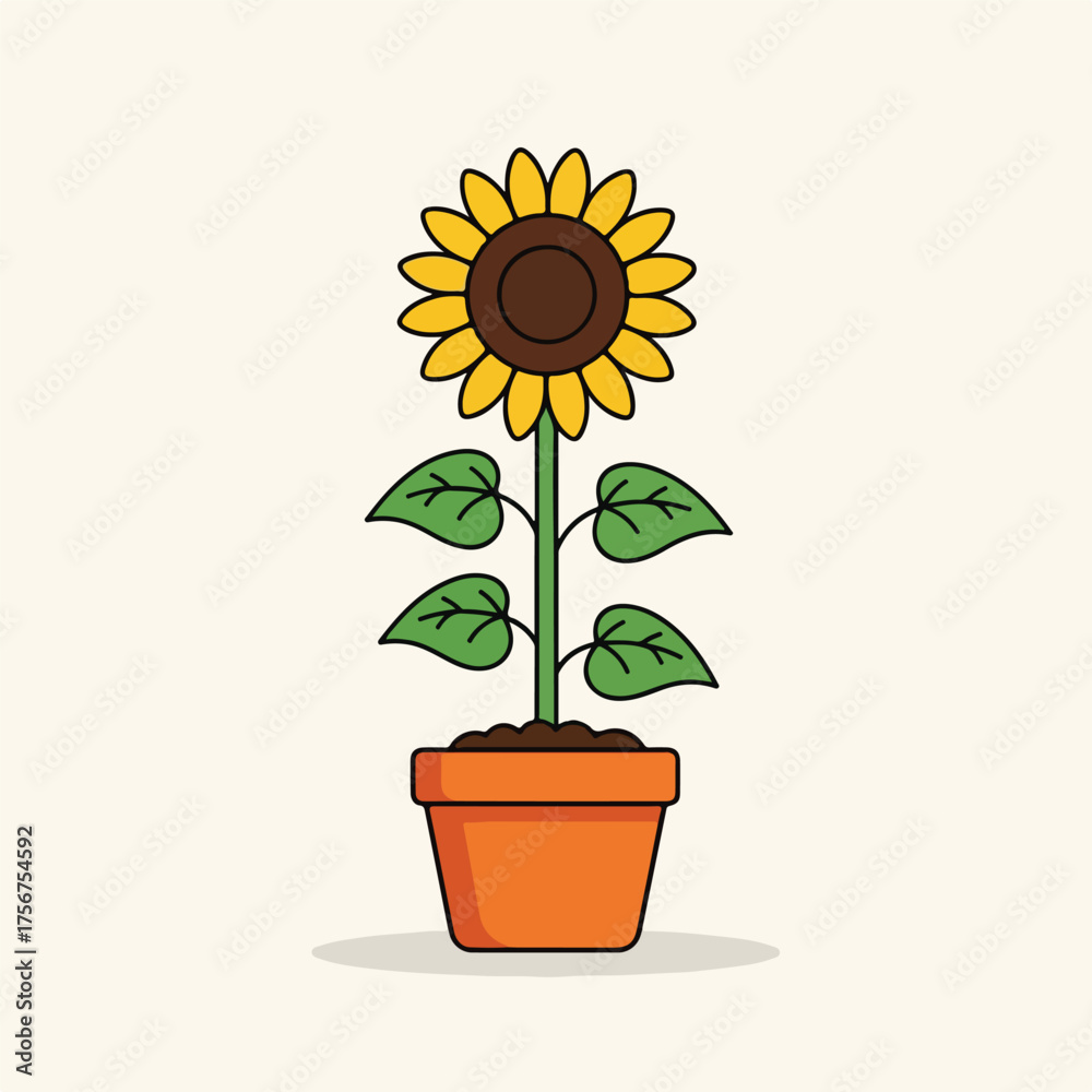 Obraz premium Sunflower growing in a terracotta pot, symbolizing summer and happiness with its bright yellow petals against a soft, neutral backdrop, creating a cheerful and simple botanical art piece.