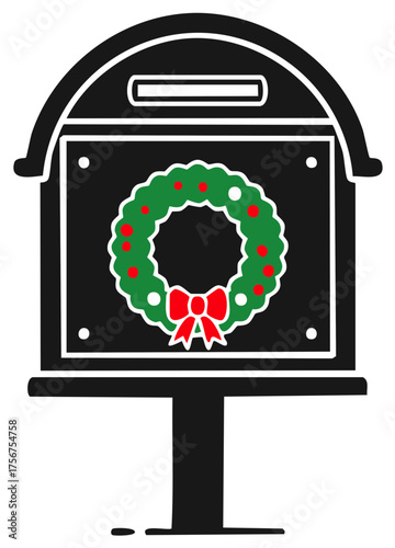 Mailbox Decorated with a Holiday Wreath Silhouette Graphic Art