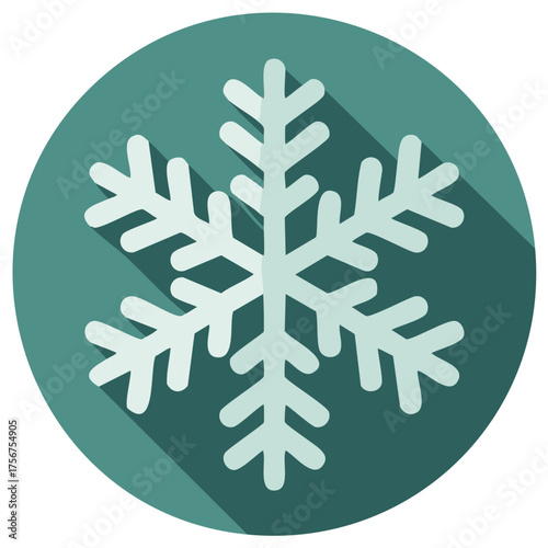 Vector snowflake icon flat design in circle with long shadow on teal, winter and Christmas frost art