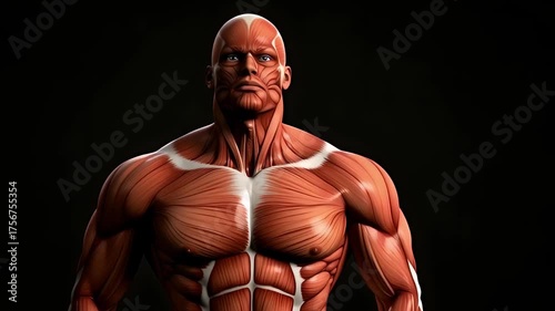 Anatomical Muscles Of A Muscular Male Body Front View With Detailed Texture And