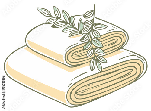 Soft folded towels stack with a green plant sprig vector illustration for spa wellness and hygiene