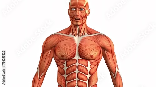 Anatomical Model Of Muscular System Flexing Biceps Isolated On White Background