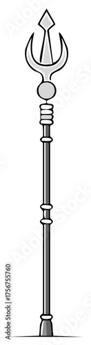 Ornamental metal scepter illustration with finial, shaft, and decorative elements. Magical scepter design
